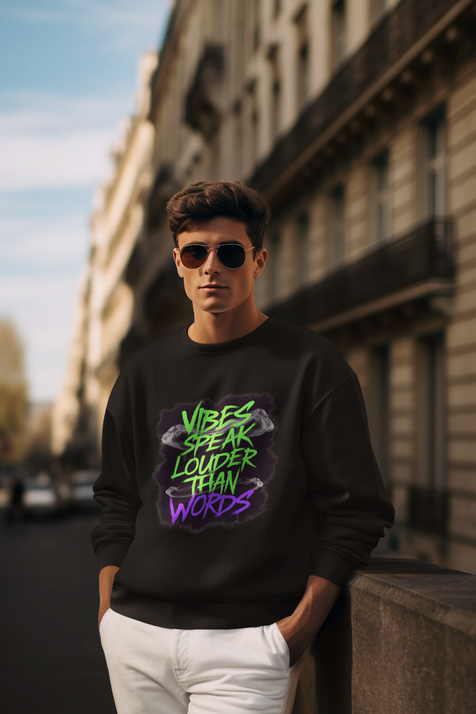 Vibes Speaks Louder Than Words- Casual Graphic Sweatshirt for Adventurers